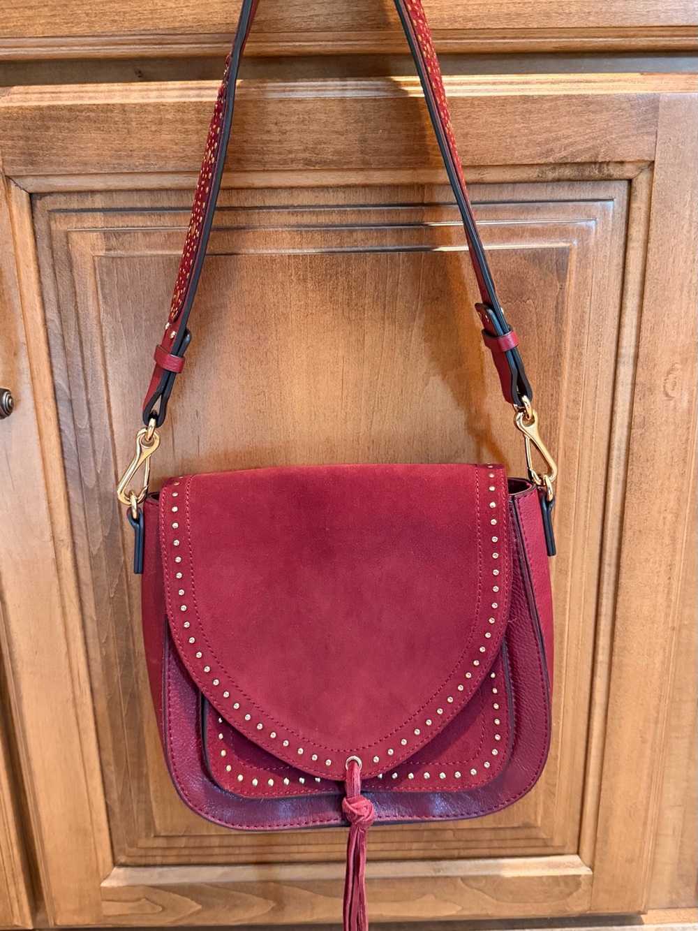 Vince Camuto Burgundy Leather & Suede Studded Shoulder Bag